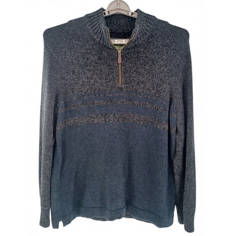 Eddie Bauer Sweater Mens 2XL Blue Grey Striped Marled 1/4 Zip Cotton Mock Neck